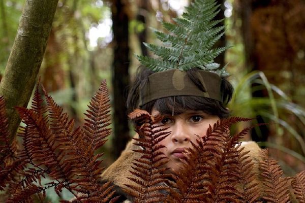 Ricky from Wilderpeople looking out from behind brow leaves in a forests